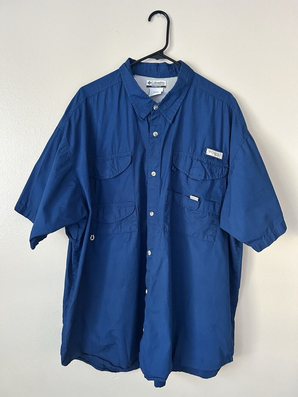 Columbia PFG Fishing Shirt Mens XXL Blue Short Sleeve Button Down Vented
